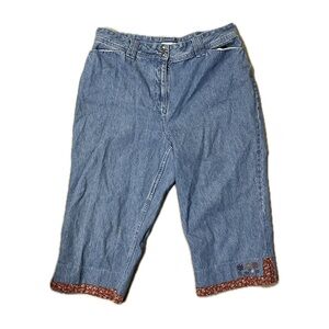 Denim Cropped Jeans with Floral Hem